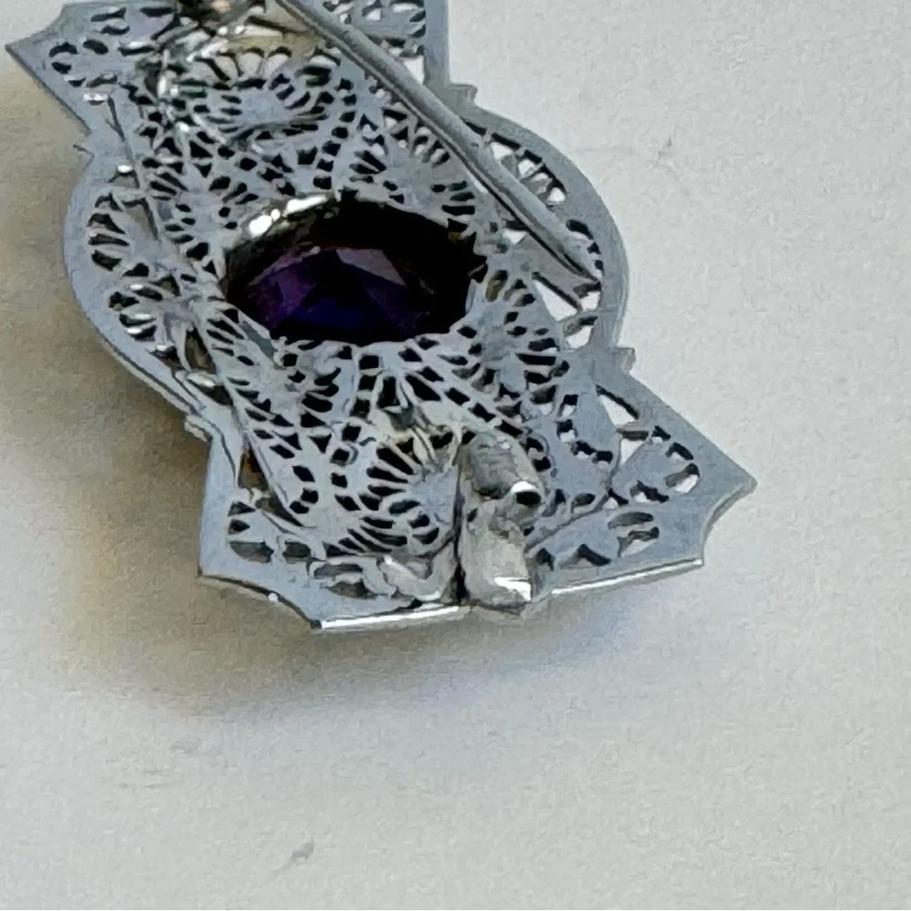10K White Gold Filigree Brooch Amethyst Pearl Antique Ornate Pin Estate Piece‎